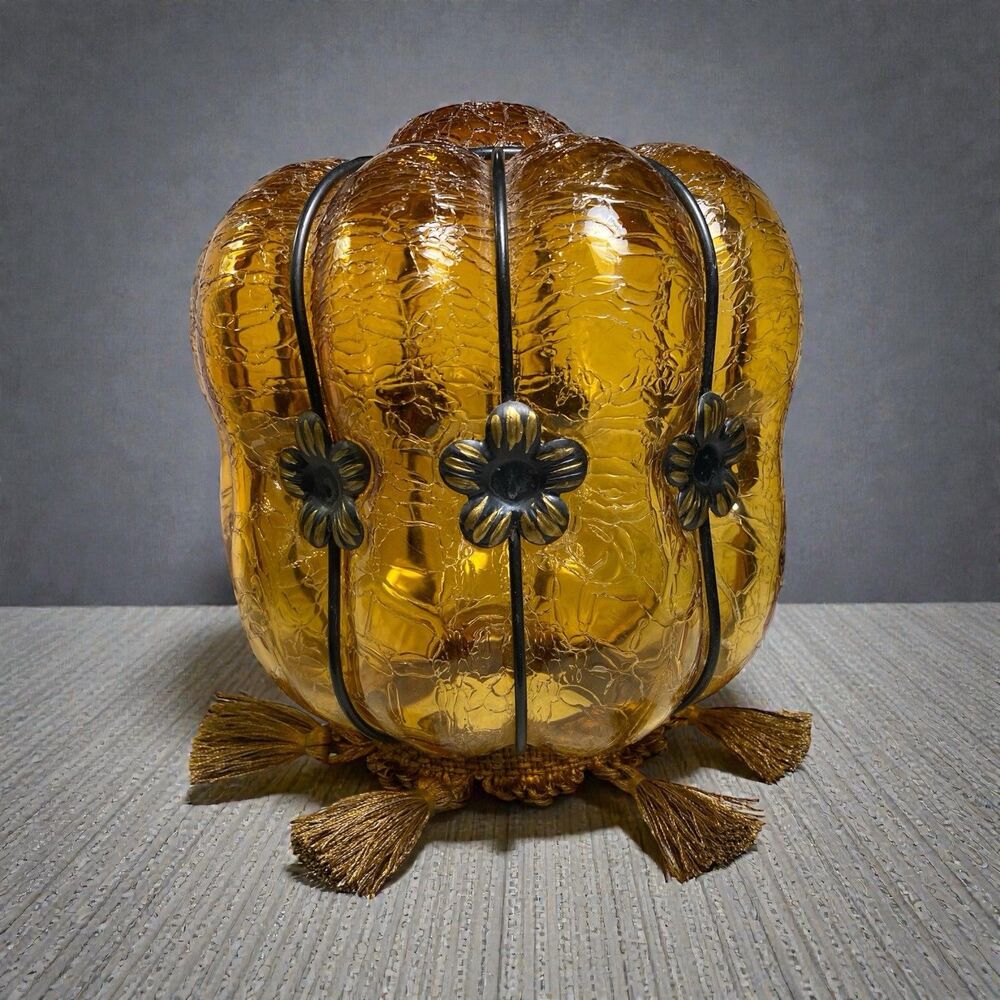 VTG MCM Amber Crackle Glass Hanging Lamp Shade Tassel Fringe Hollywood Regency